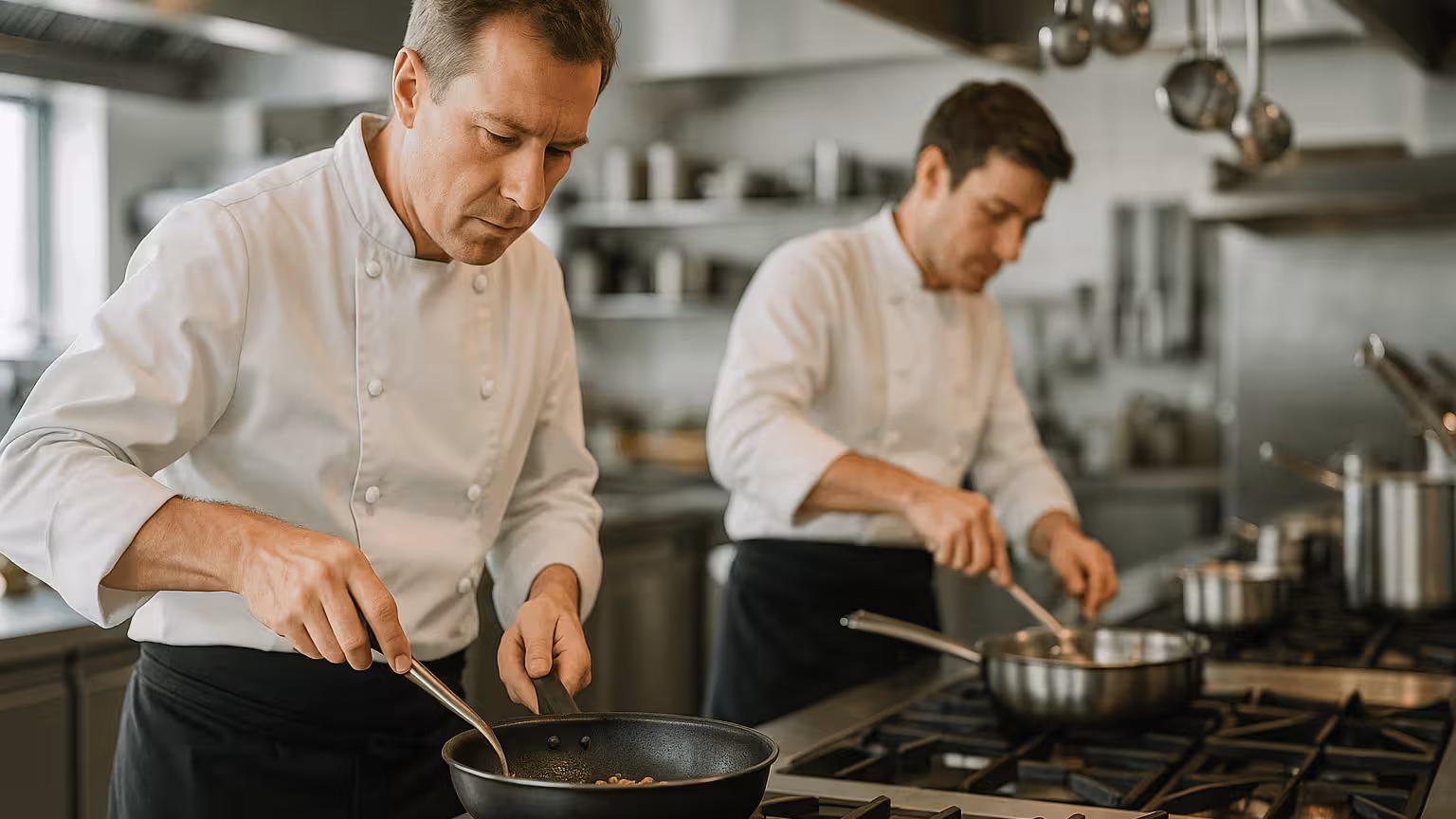 Deux chefs cuisiniers concentrés préparant des plats sur une cuisinière à gaz dans une cuisine professionnelle moderne, illustrant la productivité et l’efficacité du travail en équipe.