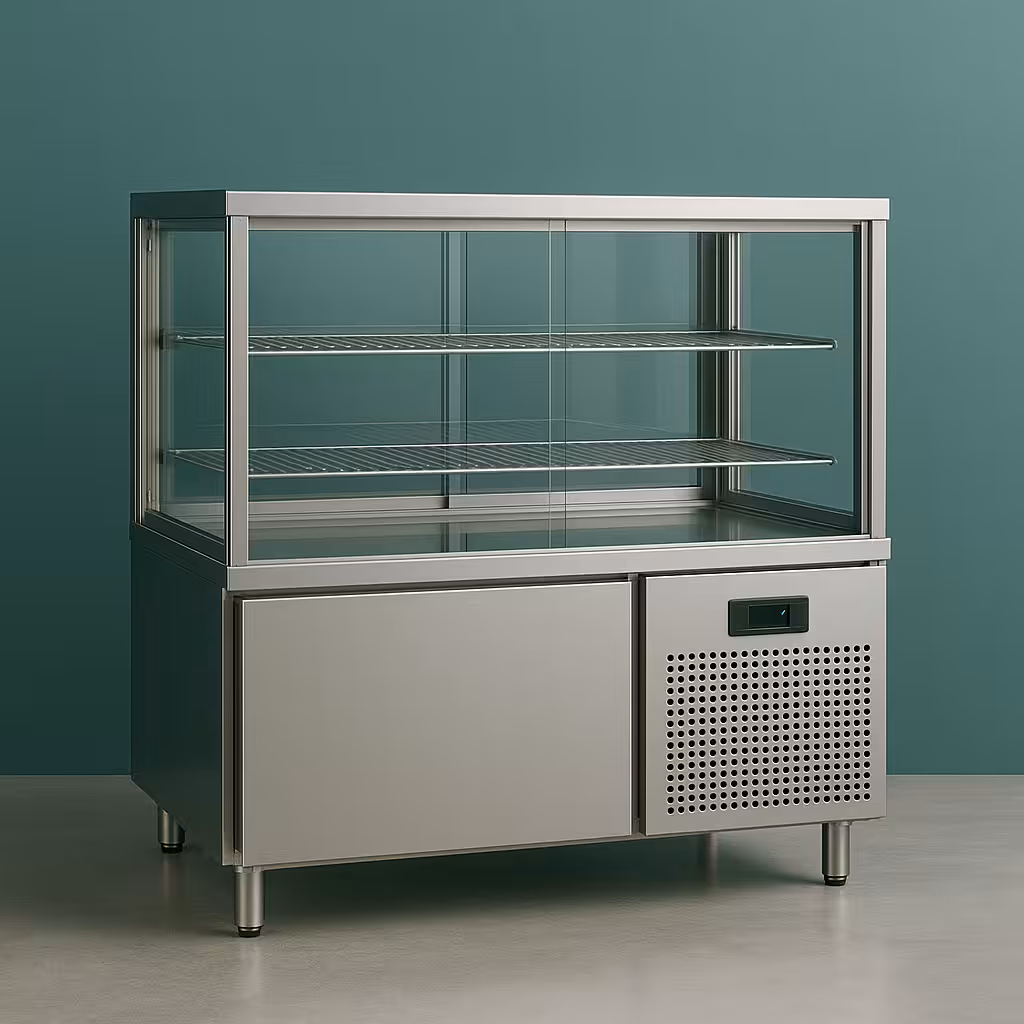 Vitrine réfrigérée professionnelle en inox sur fond vert canard