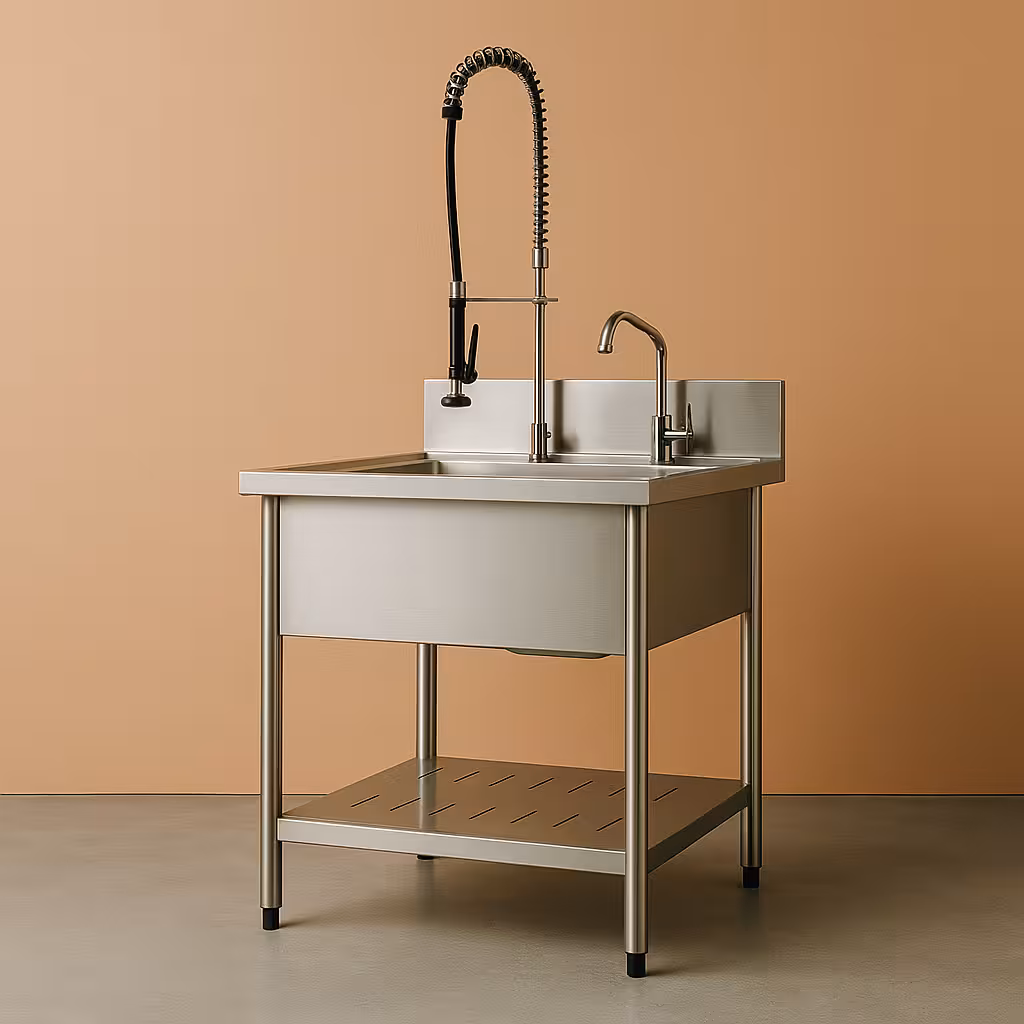 Évier professionnel en inox avec douchette sur fond terracotta clair
