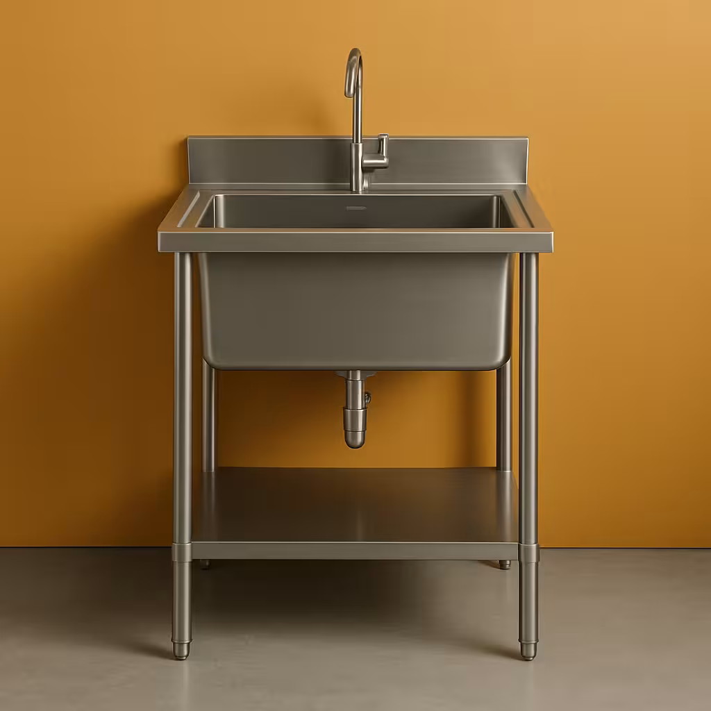 Évier professionnel en inox sur fond jaune orangé