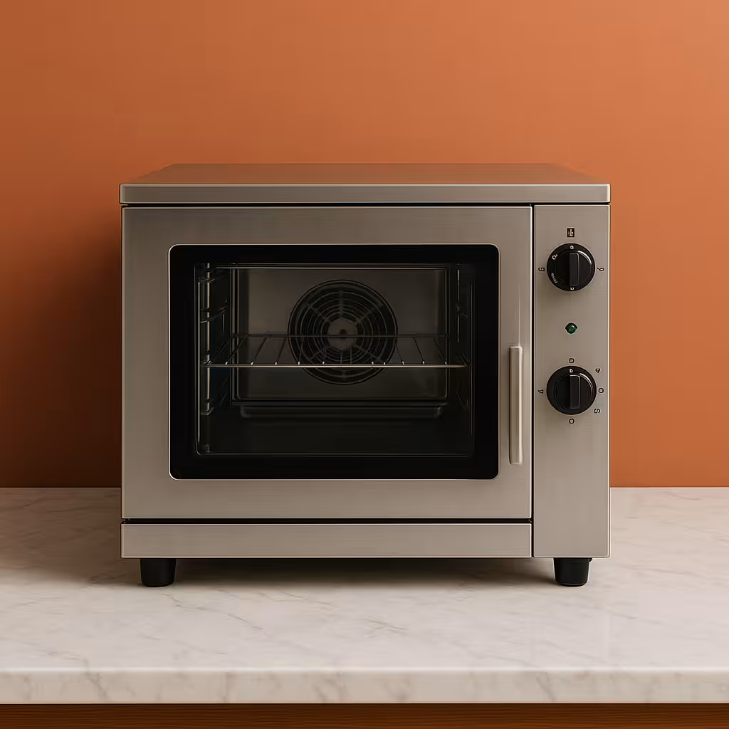 Four professionnel en inox sur plan de travail en marbre et fond terracotta