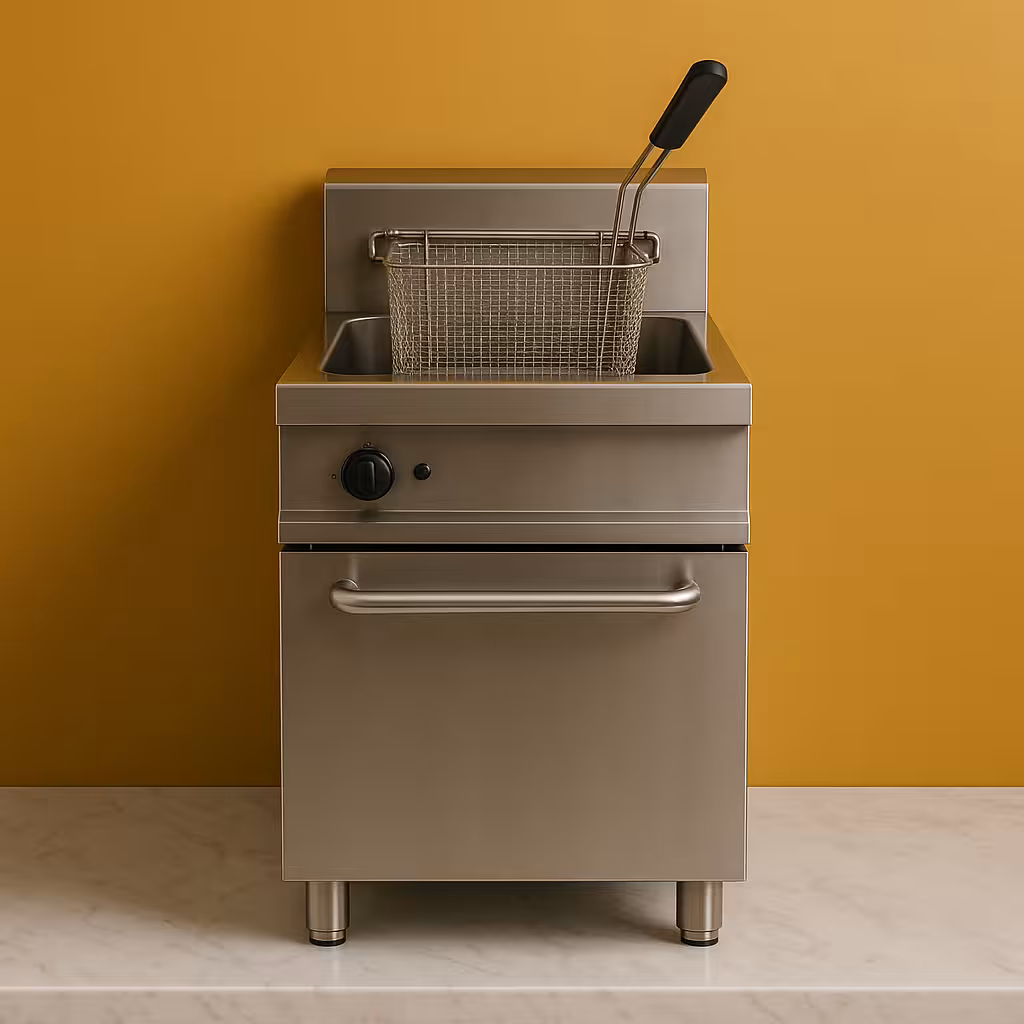 Friteuse professionnelle en inox sur fond jaune moutarde