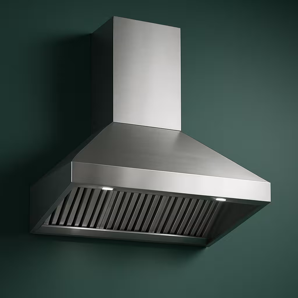 Hotte professionnelle en inox sur fond vert foncé