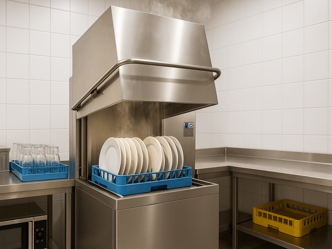Lave-vaisselle professionnel à hotte intégrée à la zone de service