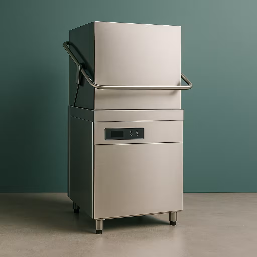 Lave-vaisselle professionnel en inox sur fond vert canard