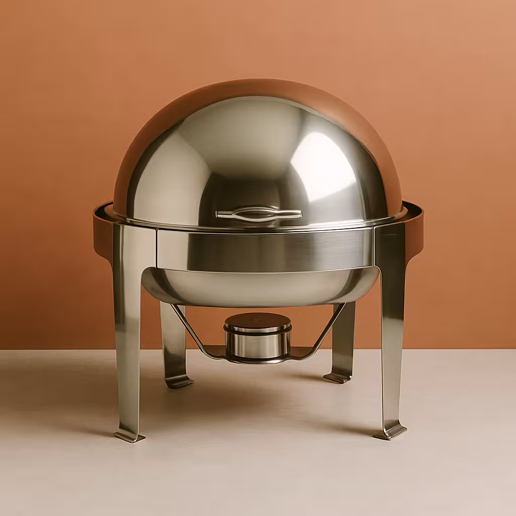 Chafing dish professionnel en inox sur fond terracotta