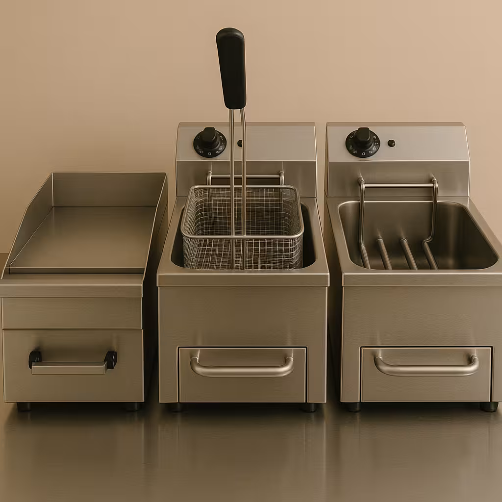 Matériel de cuisson professionnel en inox sur fond beige
