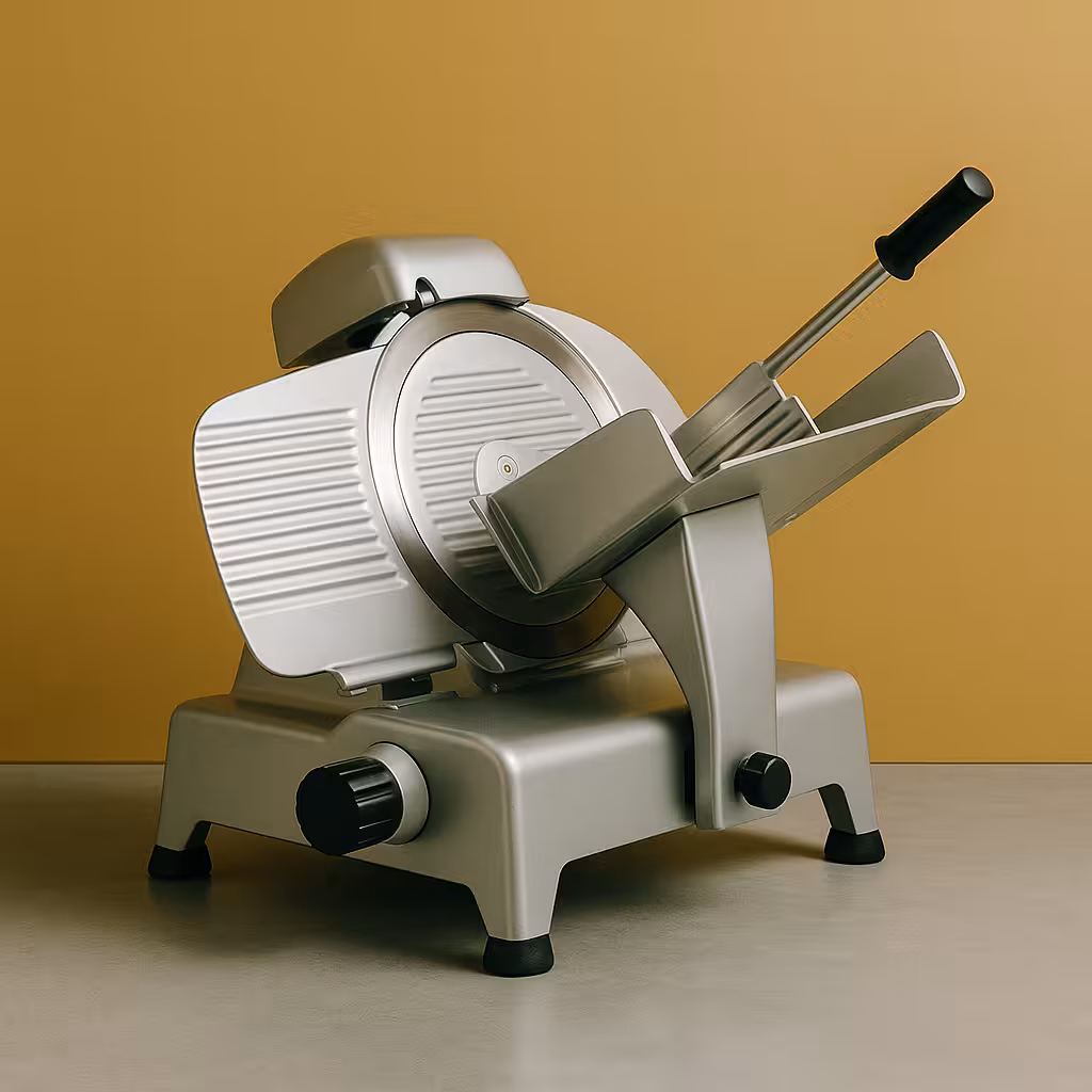 Trancheuse professionnelle en inox sur fond jaune moutarde