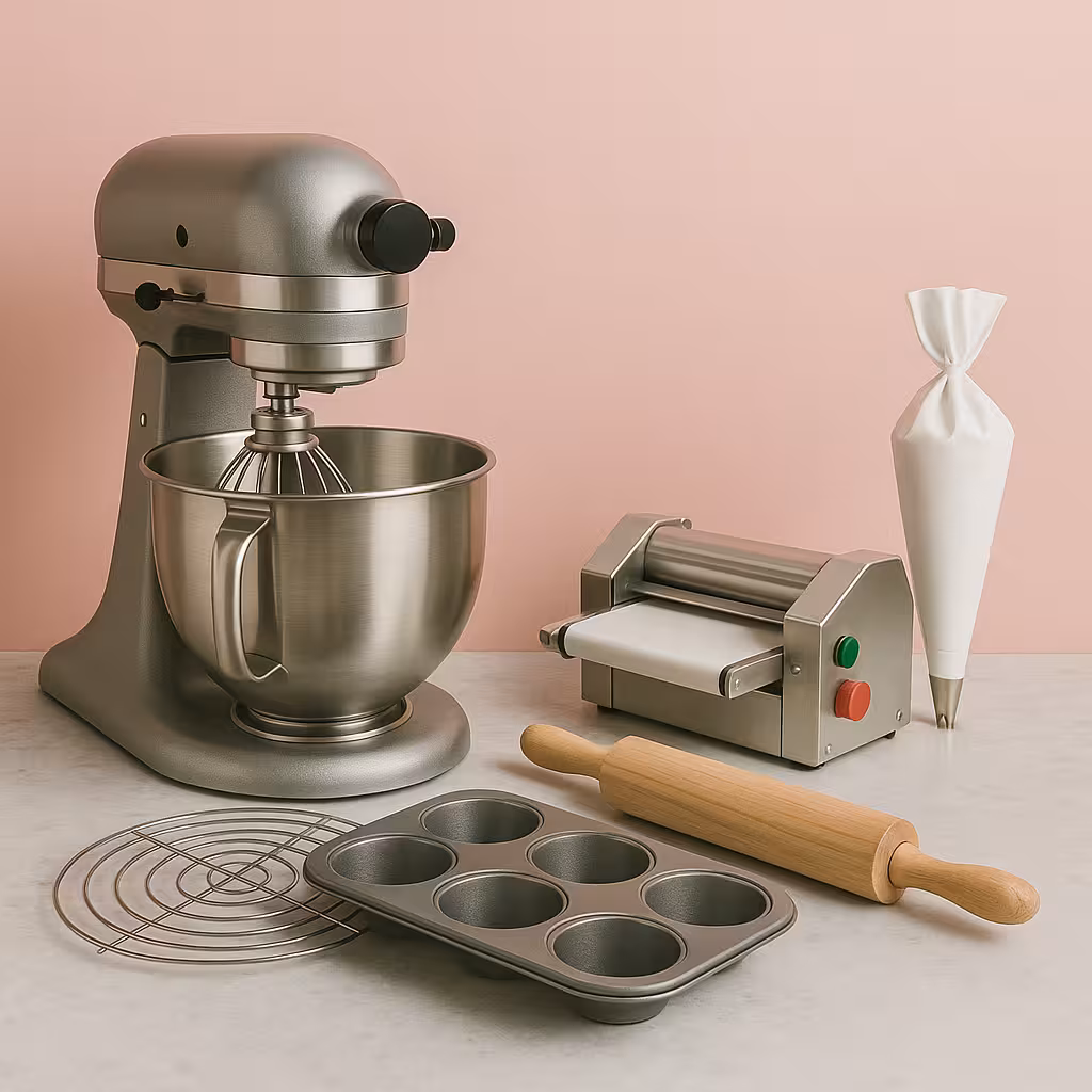 Matériel de pâtisserie professionnel sur fond rose poudré