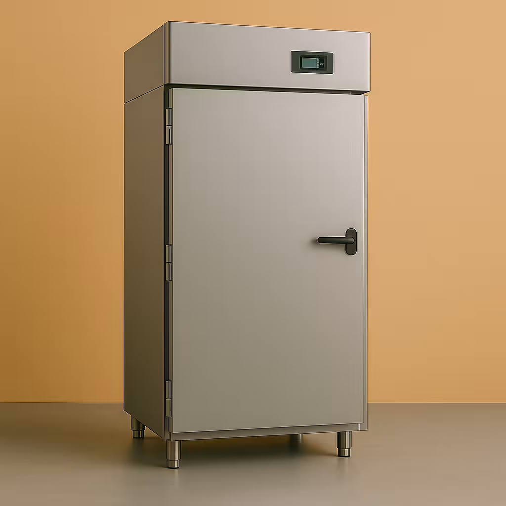 Armoire réfrigérée professionnelle en inox sur fond pastel