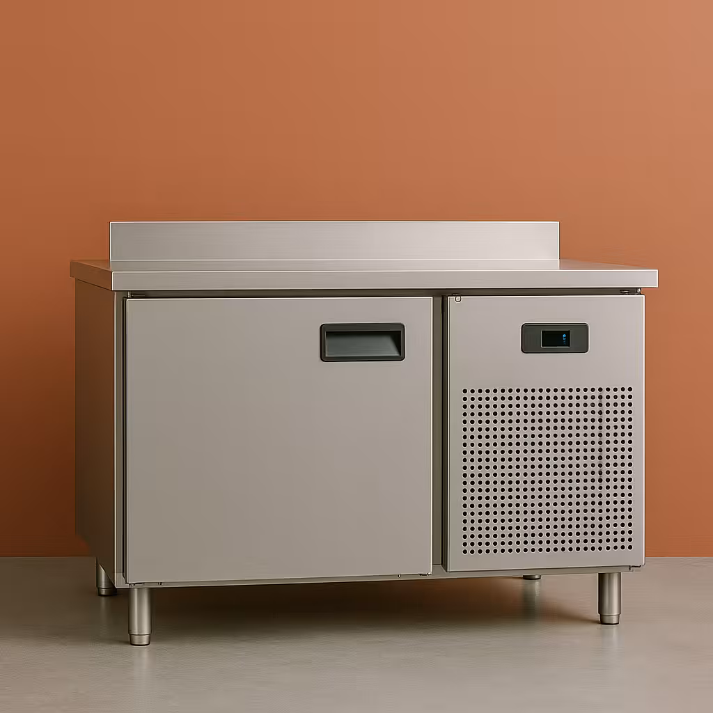 Meuble frigorifique professionnel en inox sur fond terracotta