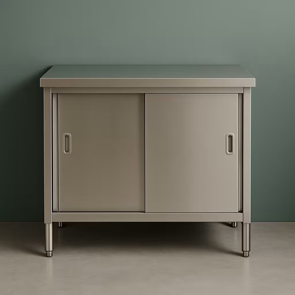 Meuble de rangement professionnel en inox sur fond vert sauge