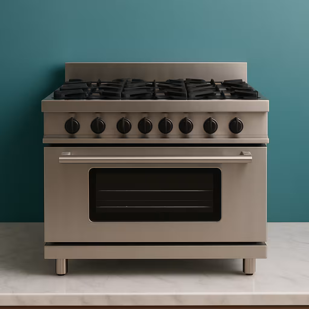 Piano de cuisson professionnel en inox sur fond bleu canard