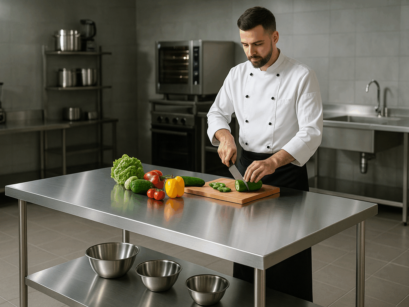 Plan de travail inox professionnel dans cuisine moderne avec chef en préparation