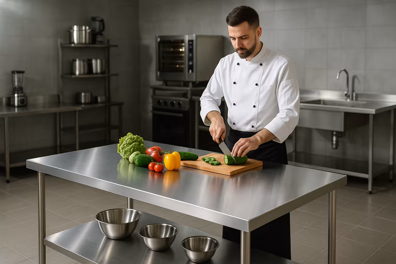 Plan de travail inox professionnel dans cuisine moderne avec chef en préparation