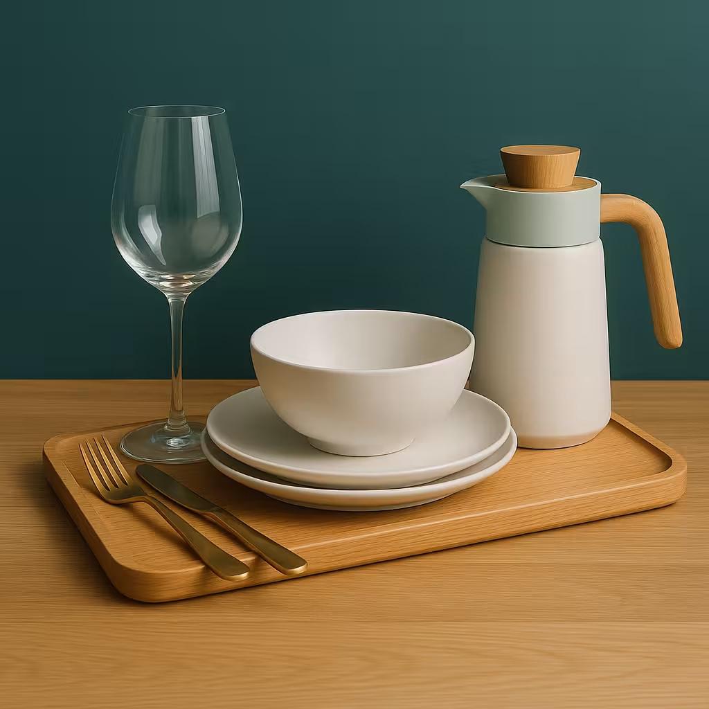 Service de table pastel avec vaisselle, carafe et verre à vin sur plateau en bois
