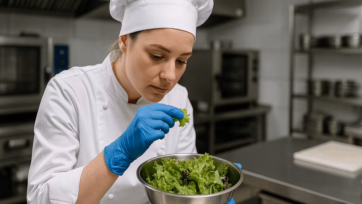 Cheffe inspectant la fraîcheur d’une salade dans une cuisine professionnelle avec gants bleus et équipement en inox, illustrant les normes d’hygiène et de sécurité alimentaire.