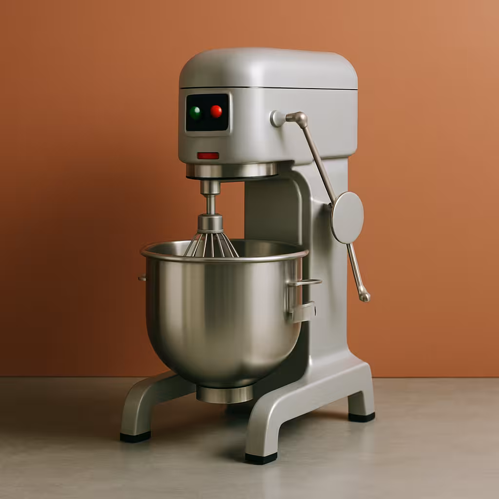 Robot batteur professionnel en inox sur fond terracotta