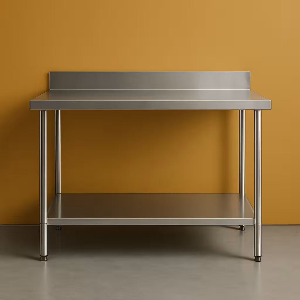 Table de travail professionnelle en inox sur fond jaune moutarde