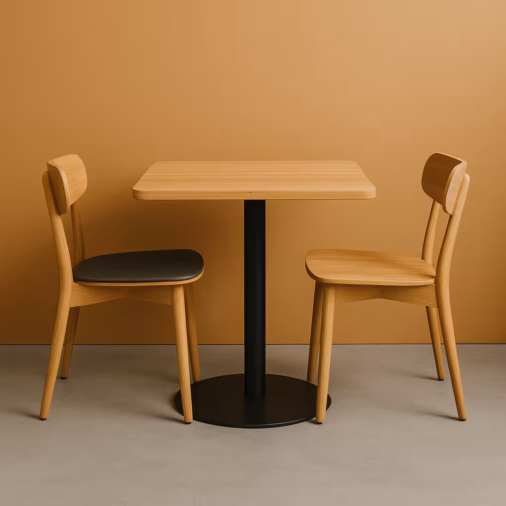 Table et chaises en bois clair sur fond ocre