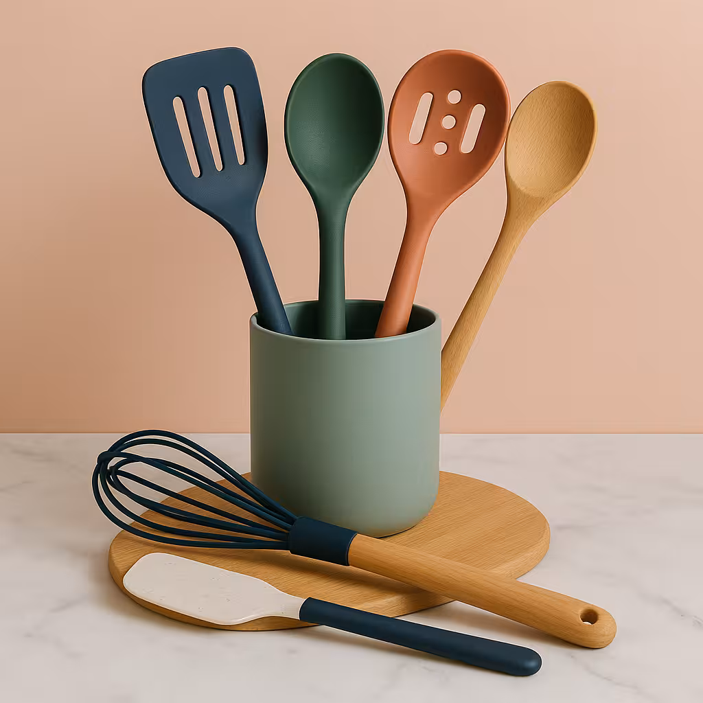 Ustensiles de cuisine colorés sur fond rose et plan de travail en marbre