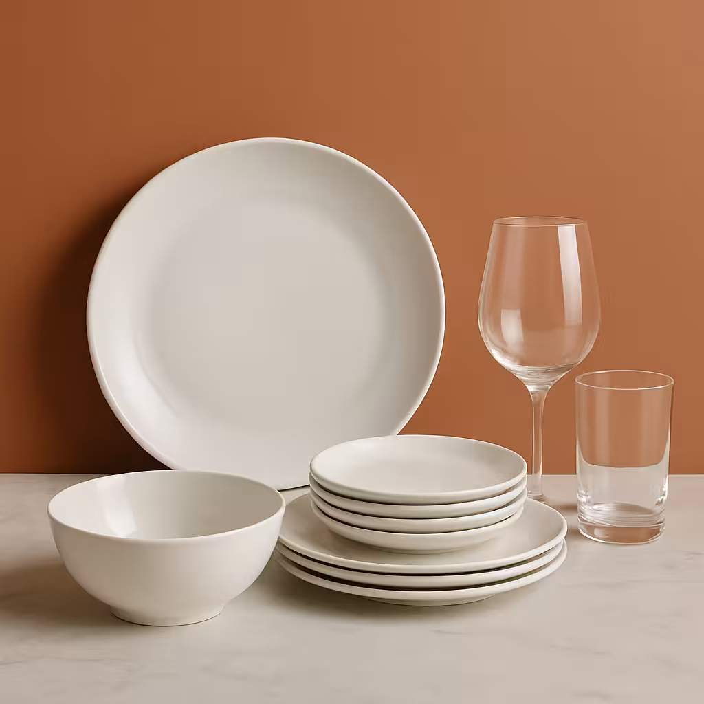 Vaisselle professionnelle en céramique blanche et verrerie sur fond terracotta