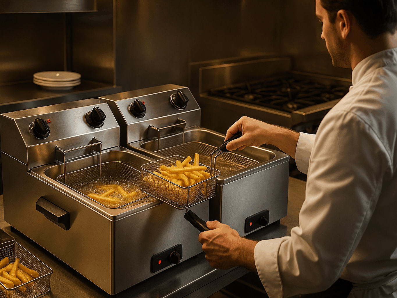 Friteuse professionnelle double cuve en service