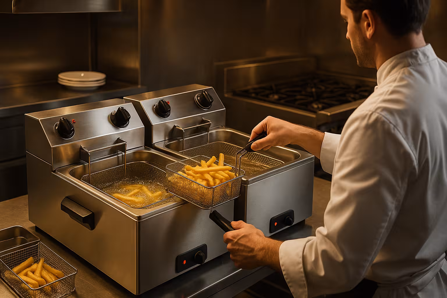 Friteuse professionnelle double cuve en service