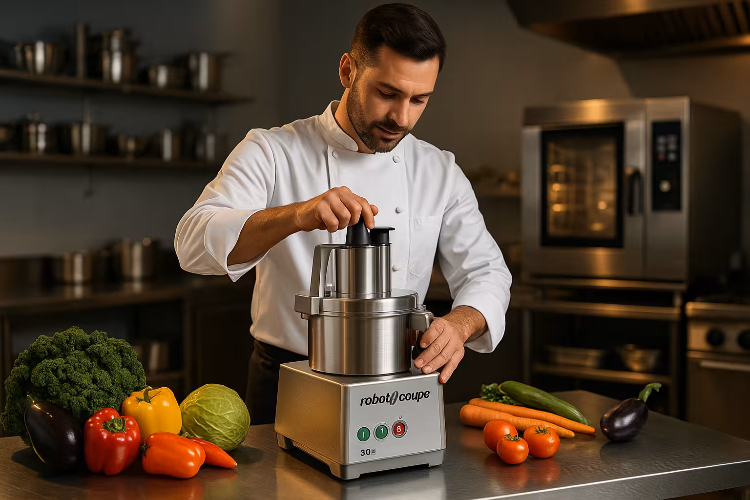 Chef utilisant un robot coupe professionnel en cuisine