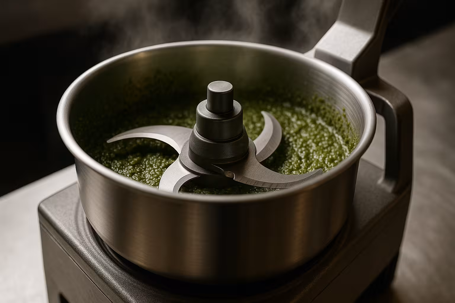Bol cutter professionnel inox en fonctionnement avec pesto