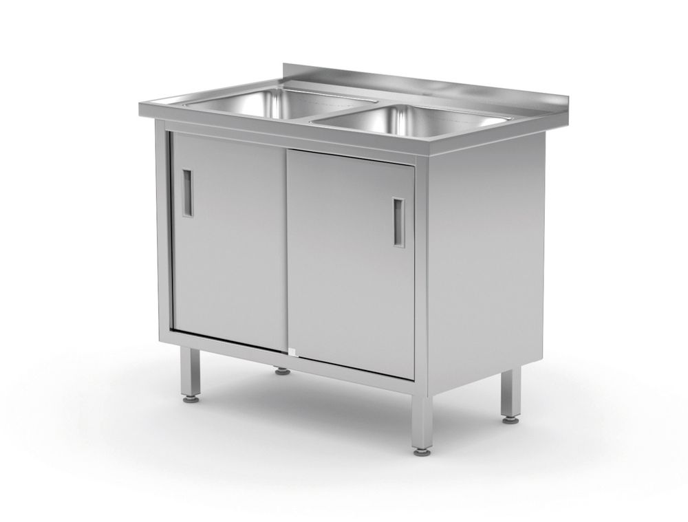 Table avec 2 éviers, placard – soudée, avec portes ... - restauration professionnel de qualité