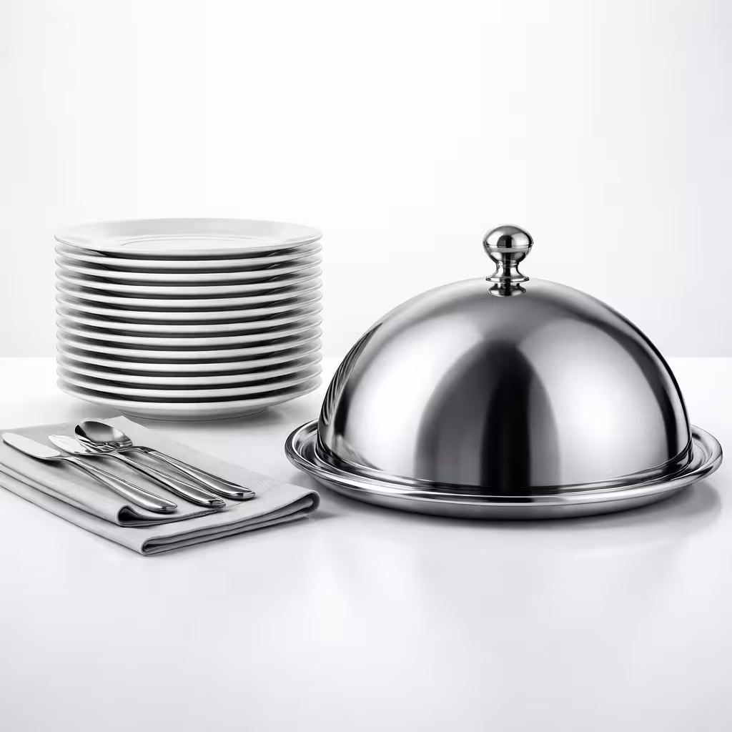 Vaisselle et accessoires de pr&eacute;sentation pour buffet de restaurant.
