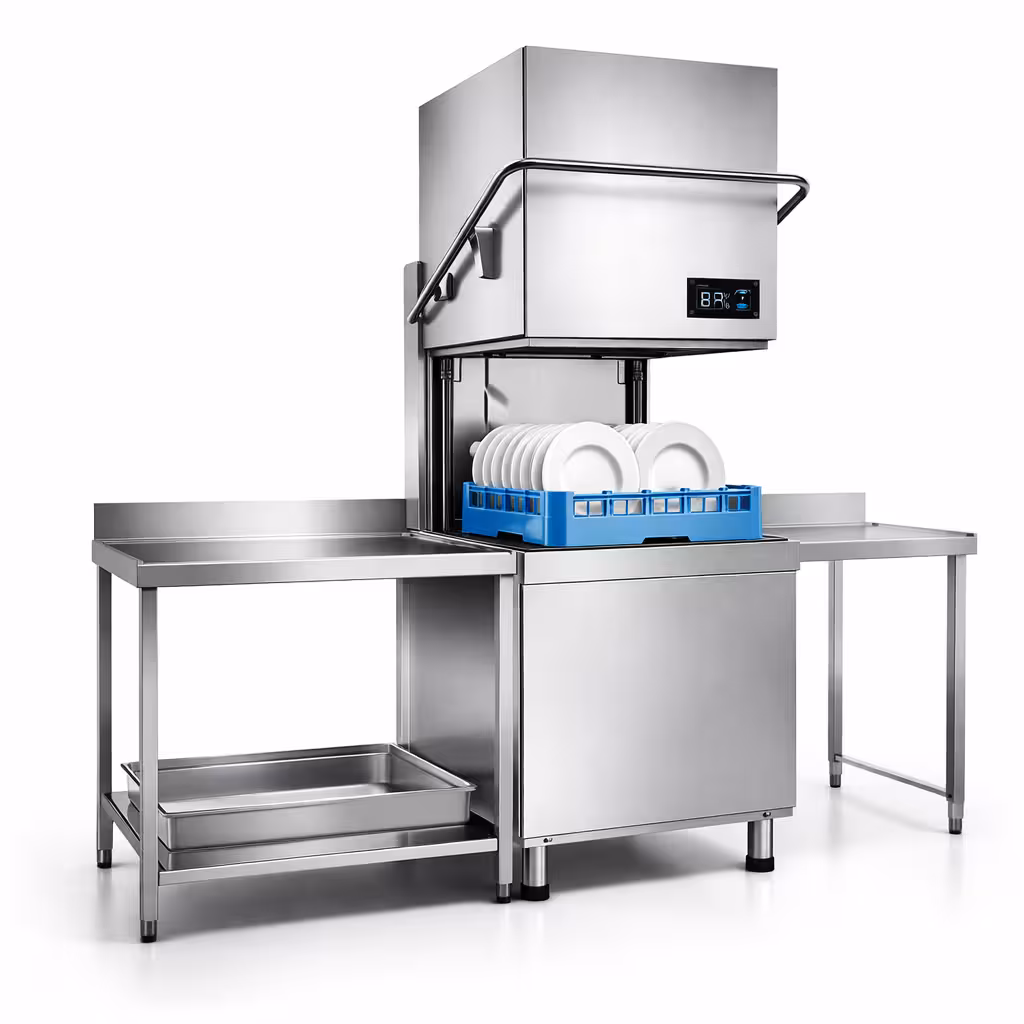 Lave-vaisselle professionnel &agrave; capot et mat&eacute;riel d'hygi&egrave;ne en inox.